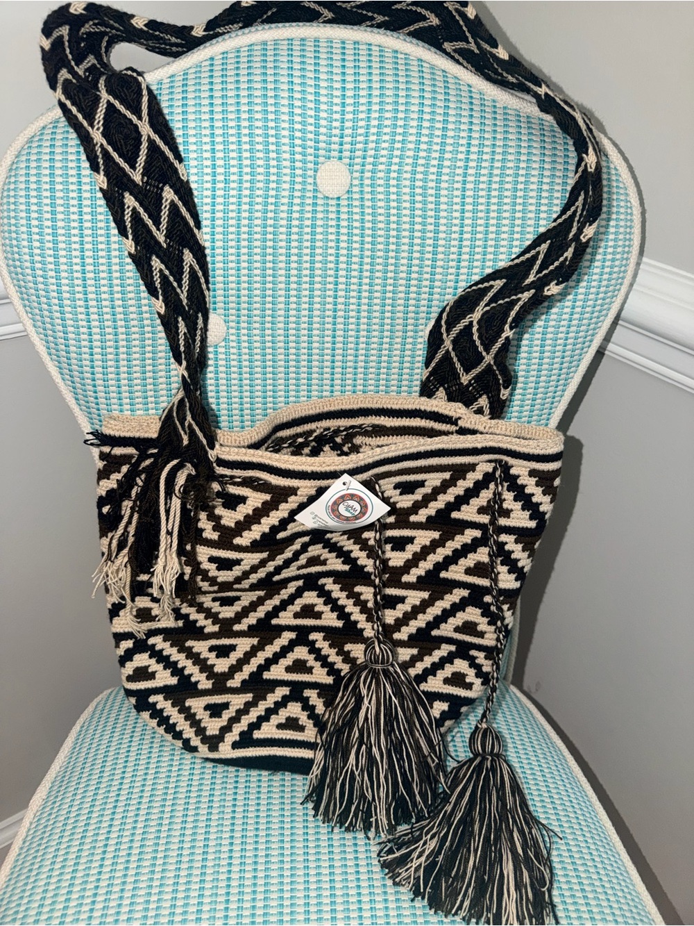 Black & Cream Wayuu Style Woven Mochila Shoulder Bag with Tassels